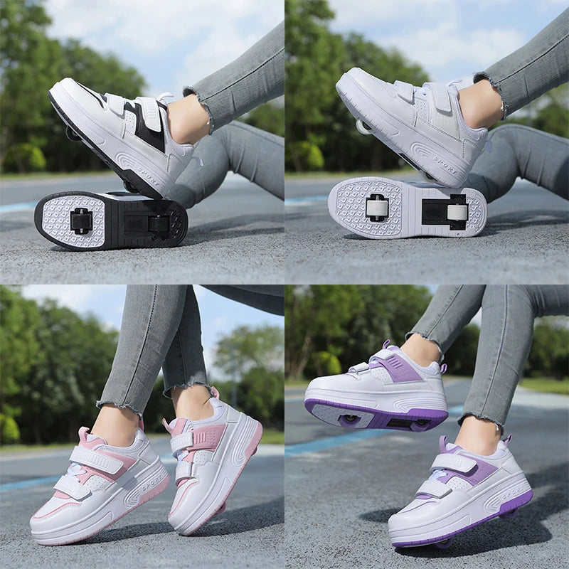 Kid Deform Roller Skate Shoes With 2/4 Wheels Runaway Parkour Deformation 4-Wheel Skates Sneakers For Women Men Youth Adult Gift