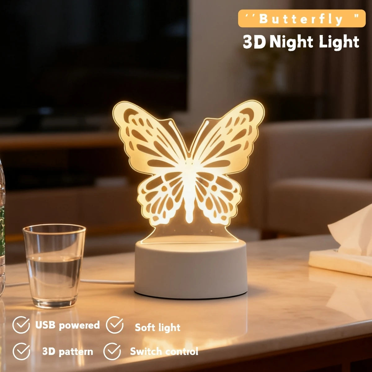3D Dreamy Butterfly LED Night Light, USB Desktop Decorative Light, Suitable for Romantic Bedroom Decoration, Ideal Christmas Gif