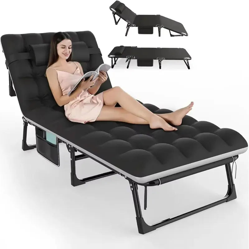 3 in 1 Folding Camping Cot Bed, 5 Positions Adjustable Patio Chaise Chair, Portable Sleeping Cots for Adults Large Size