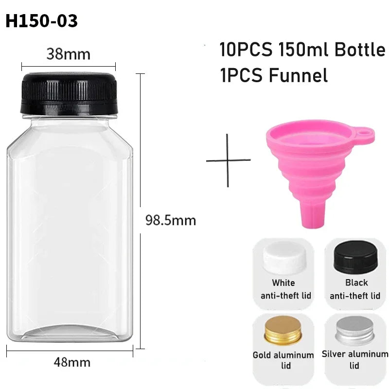 10pcs 60ML-500ML Clear Empty Plastic Juice Bottles with Caps Reusable Water Bottle Juicing Smoothie Containers W/ Funnel