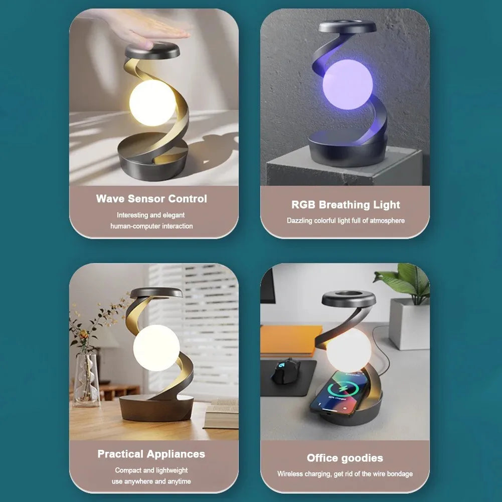 LED Moon Mood Light Suspended Rotating RGB Atmosphere Desk Lamp with Wireless Mobile Charging Bedroom Game Room Decorative Light