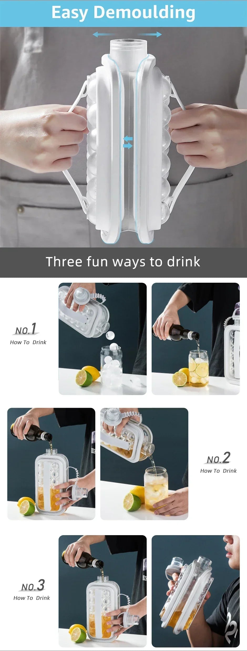Portable 2in1 Folding Ice Maker Water Bottle with Creative Ice Cube Mold Ice Hockey Lattice Kitchen Bar Gadgets Ice Making Tool