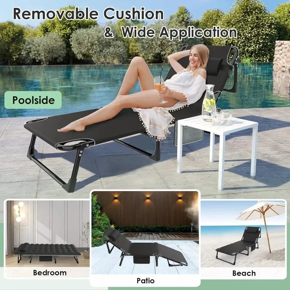 3 in 1 Folding Camping Cot Bed, 5 Positions Adjustable Patio Chaise Chair, Portable Sleeping Cots for Adults Large Size