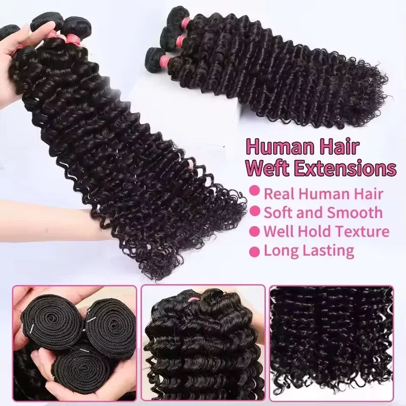 32 36 40 Inch Deep Wave Human Hair Bundles Brazilian Remy Unprocessed Weaving Curly Hair 1/2/3/4 Bundles Weave Extensions Deals