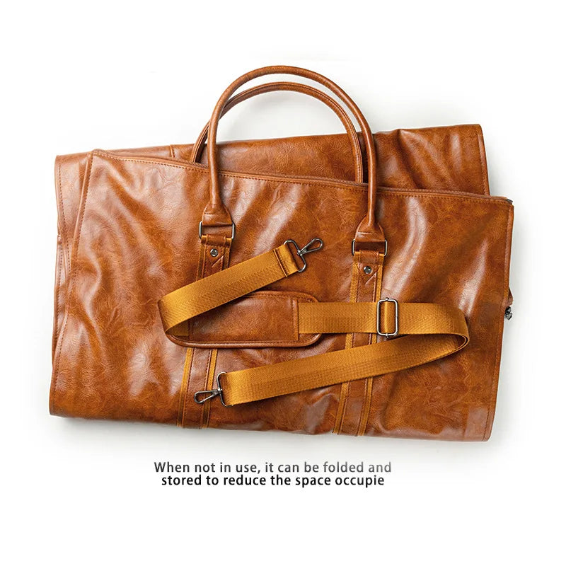 2025 New Men's Large Capacity Leather Waterproof Weekend Travel Business Convertible Suit Bag 2 in 1 Hand Carry-on Luggage Bag