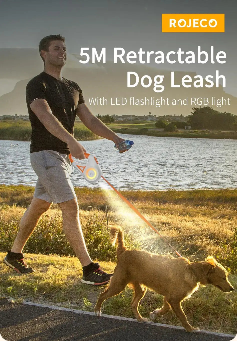 ROJECO 5M Retractable Dog Leash Automatic LED Light Luminous Roulette Leash Rope For Dogs Adjustable Pets Dog Walk Running Leads