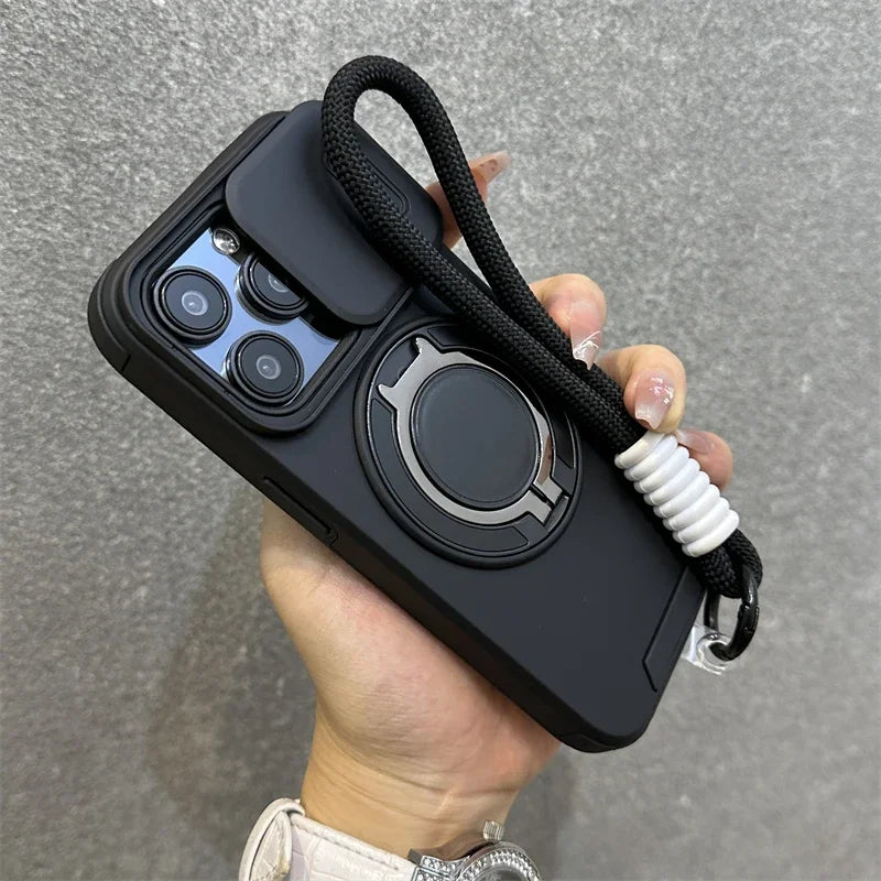 Armor Magnetic Bracket Case for iPhone 16 14 13 12 11 15 Pro Max Plus With Lanyard Slide Camera Protection Shockproof Cover