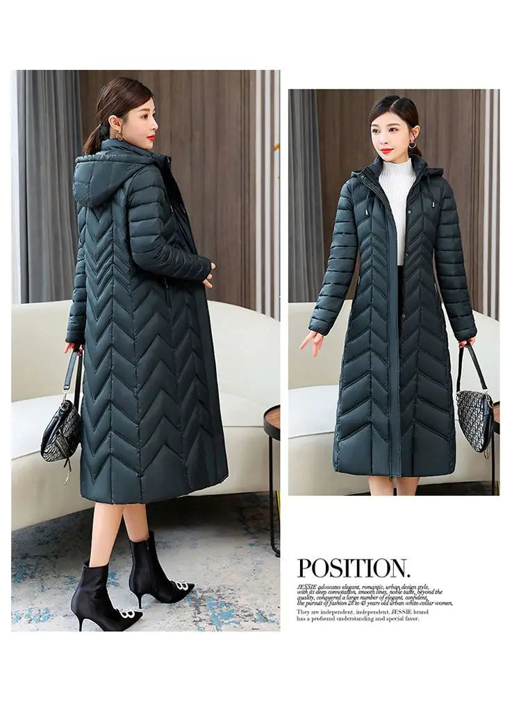 2025 NEW Winter Hooded Down Jacket 5XL Women's Warm Parka Fashion Down Cotton Women Long Coat Slim Temperament Female Overcoat