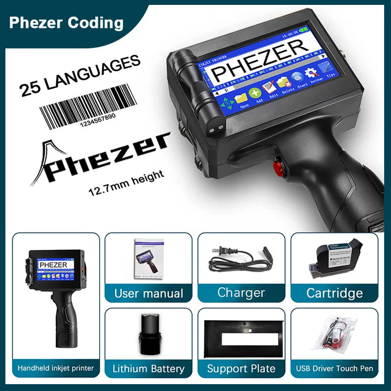 Phezer P15 QR Bar Batch Code Date Number Logo Expiry Date Label Printer 12.7mm Handheld Inkjet Printer 28 Languages Portable
