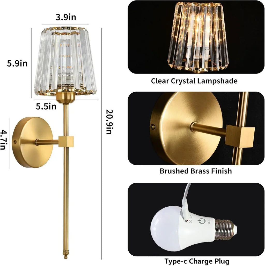 Nordic Crystal Wall Lamp 1/2pcs Gold Black Silver RGB Remote Control Dimmable Rechargeable Wireless Living Room Bedroom Lighting