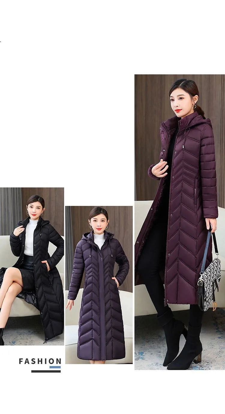 2025 NEW Winter Hooded Down Jacket 5XL Women's Warm Parka Fashion Down Cotton Women Long Coat Slim Temperament Female Overcoat