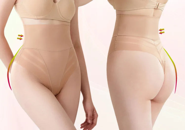 Women's High Waist Thong Style Shapewear Tummy Control Waist Trainer Hip Lift Body Shaping Pants Plus Size Striped Mesh Thong