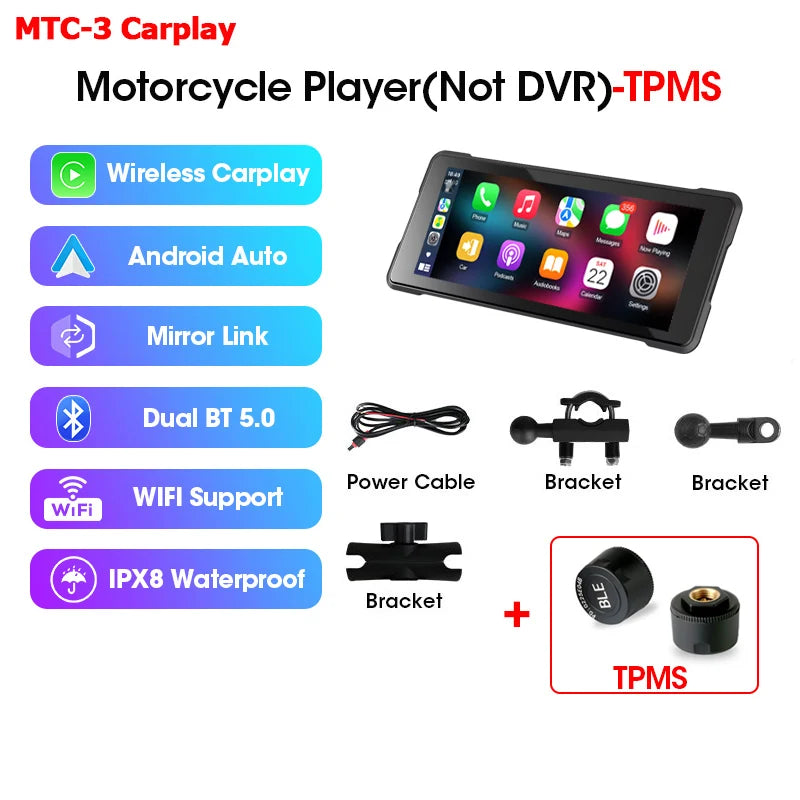 Srnubi 7 Inch Motorcycle Portable Navigation GPS Wireless Carplay Android Auto IP67 Waterproof Motorcycle Touch Screen Display