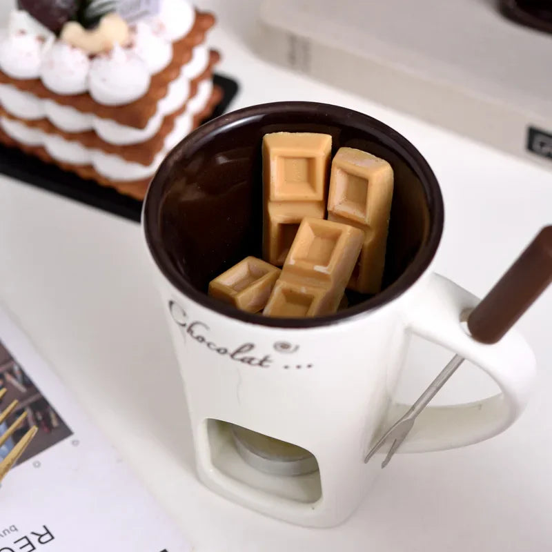 Ceramic Chocolate Hot Pot Cup, Gourmet Cheese Creative Coffee MUG Swiss Ice cream Christmas Party With Fork