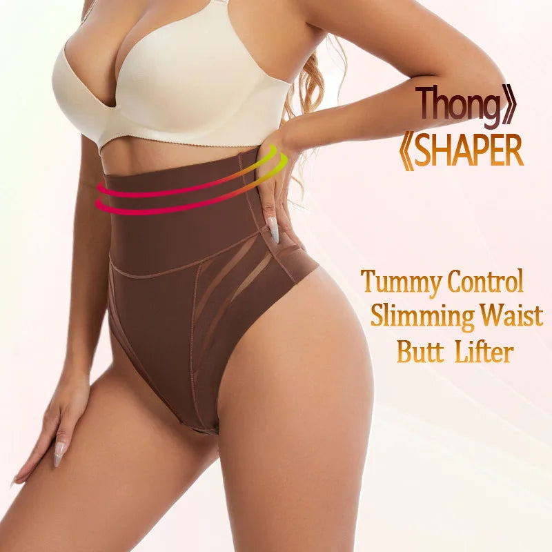 Women's High Waist Thong Style Shapewear Tummy Control Waist Trainer Hip Lift Body Shaping Pants Plus Size Striped Mesh Thong