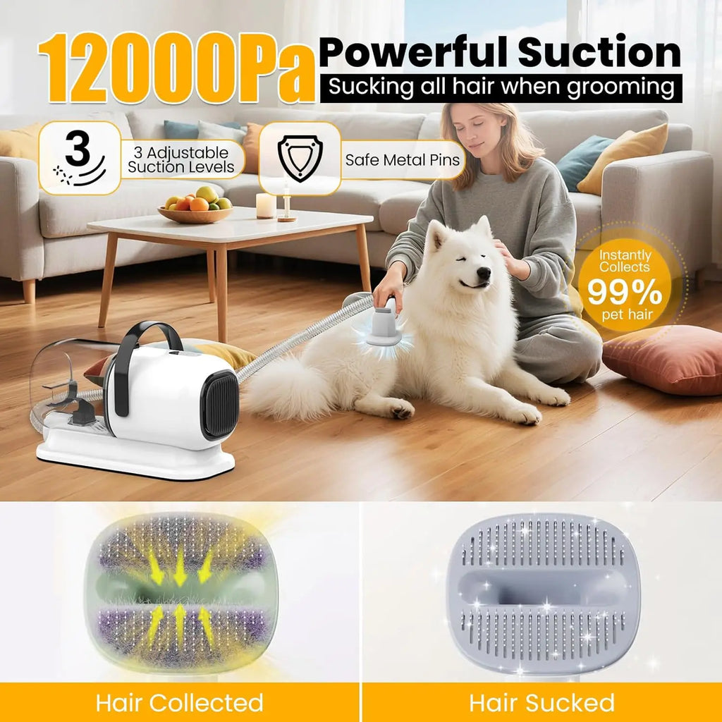 All-in-One Pet Grooming Vacuum with Hair Clipper and Shedding Brush, Low Noise 12,000Pa Suction for Dogs and Cats