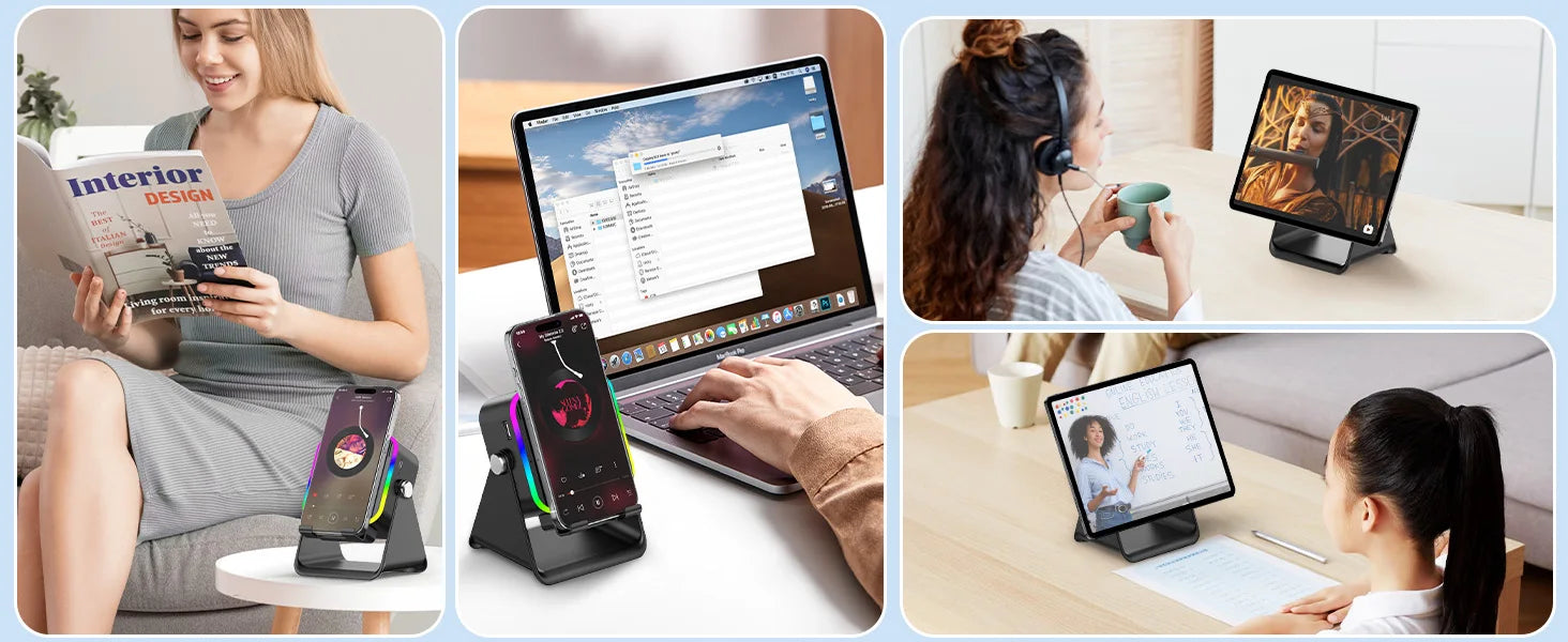 NEW 5 In 1 Auto-induction Wireless Induction Speaker 8 Mode RGB Light Phone Stand Surround Sound Portable Bluetooth Phone Holder
