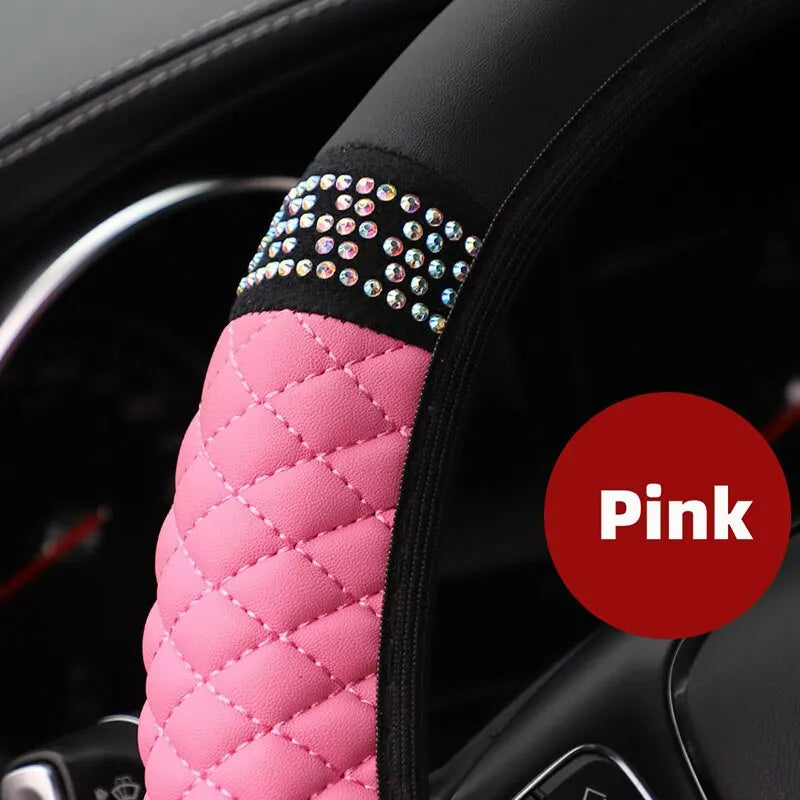 Car Steering Wheel Cover Without Inner Ring 37-38cm Three-dimensional Leather Embroidered Color Diamond-encrusted Breathable