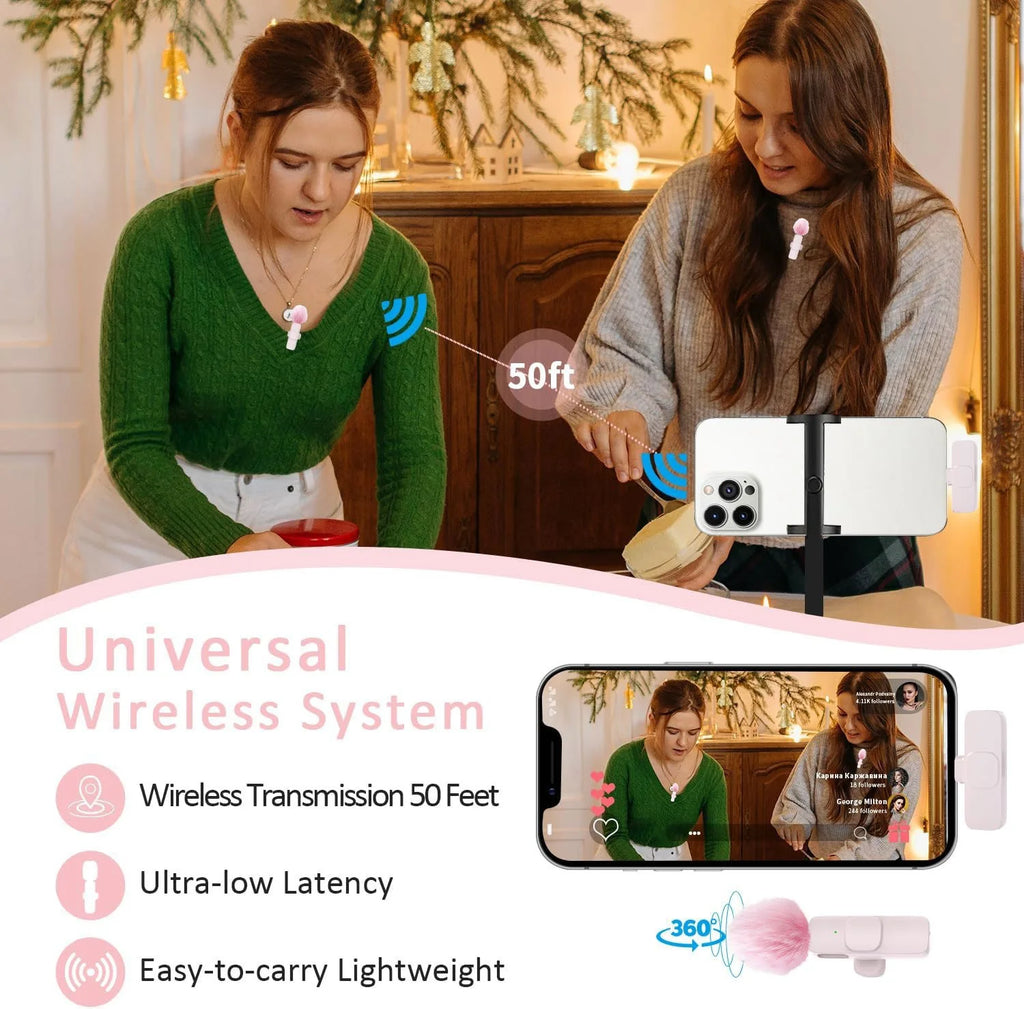 Pink &White K60 Wireless Lavalier Microphone for Smartphone,Clip On Lapel Mic Plug-Play Microphone for Video/Audio Recording
