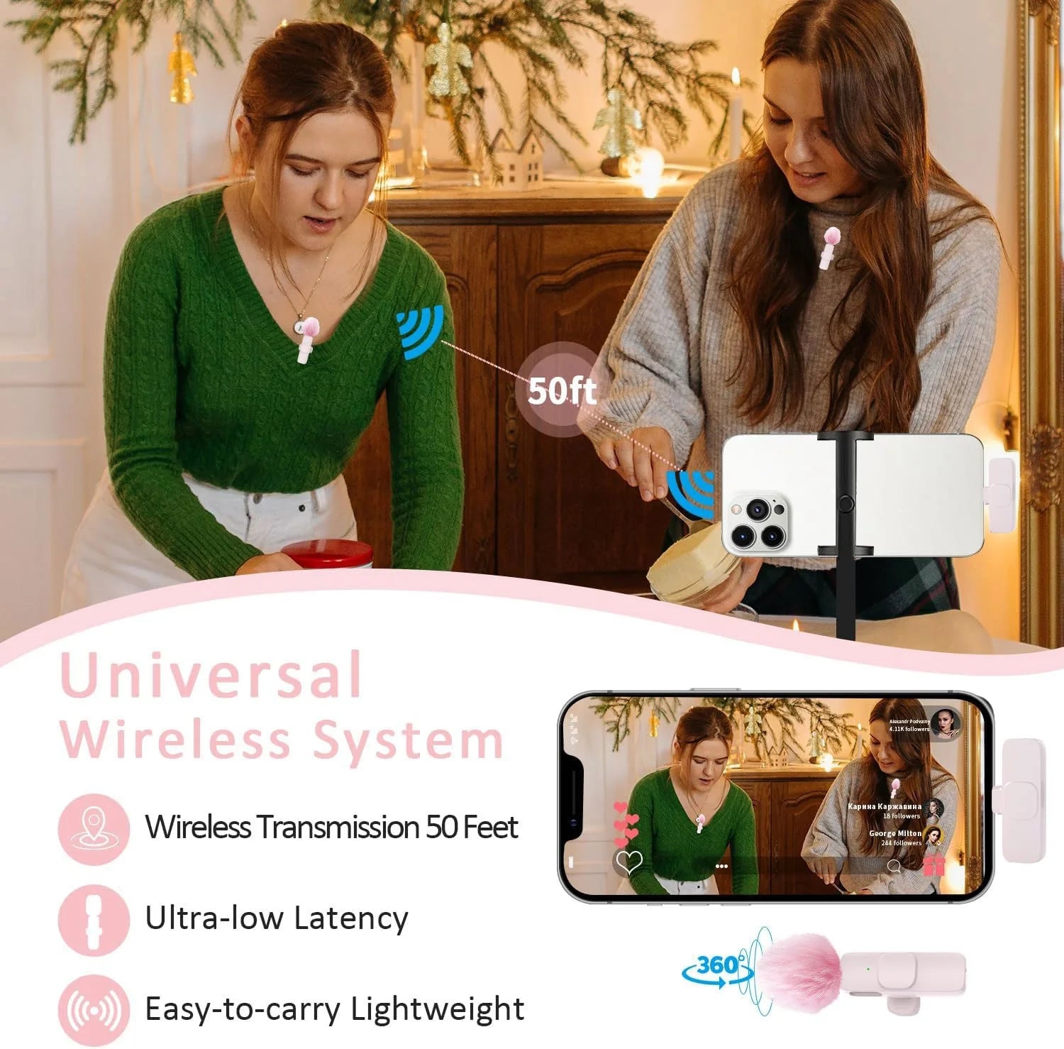 Pink &White K60 Wireless Lavalier Microphone for Smartphone,Clip On Lapel Mic Plug-Play Microphone for Video/Audio Recording