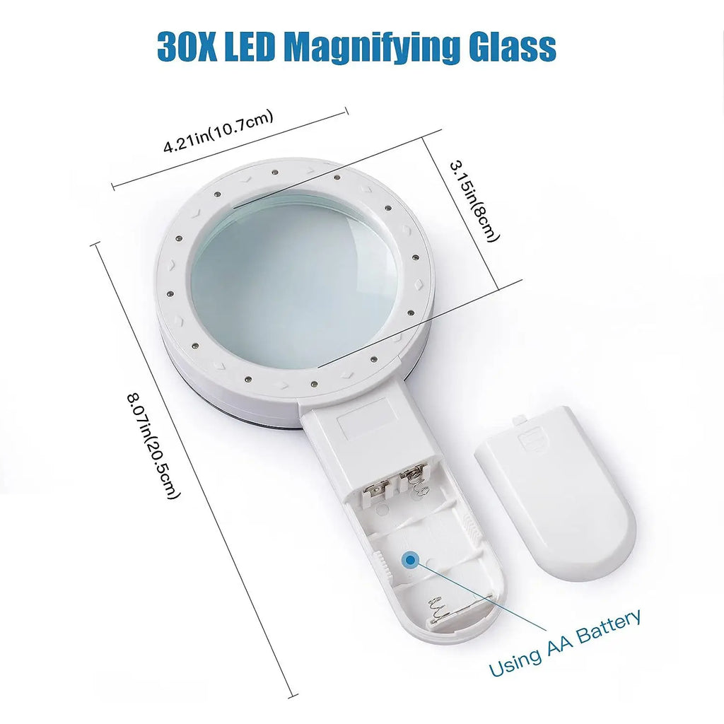 Handheld 30x Magnifying Glass 12 LED Lights Jewelry Illuminated Double Glass Lens Magnifier For Seniors Reading Watch Repair