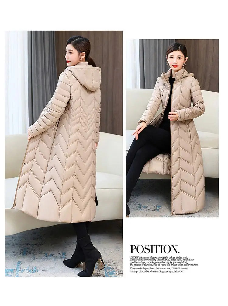 2025 NEW Winter Hooded Down Jacket 5XL Women's Warm Parka Fashion Down Cotton Women Long Coat Slim Temperament Female Overcoat