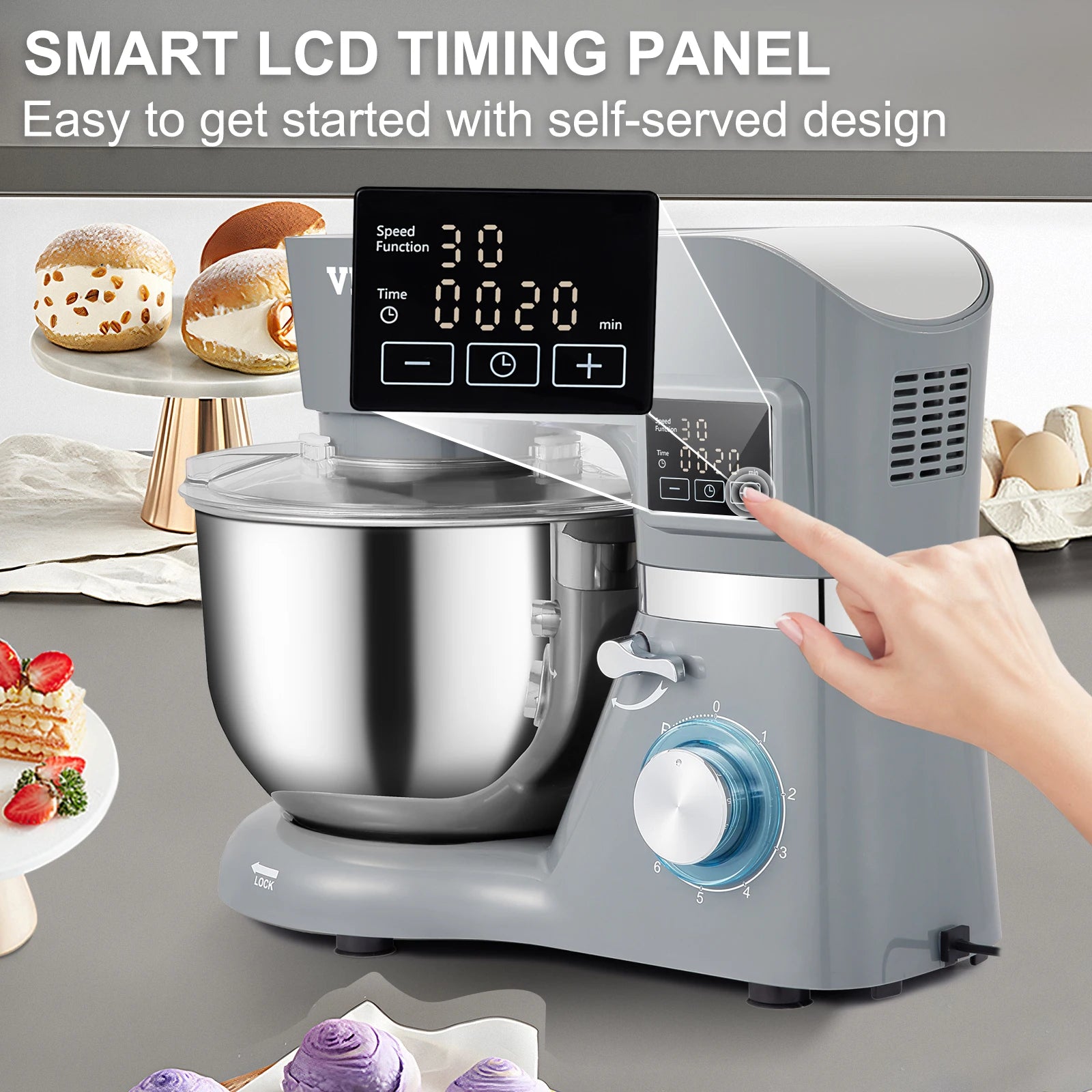 SucceBuy Stand Mixer Electric Dough Mixer with 6 Speeds LCD Screen Timing 5.8 Qt Stainless Steel Bowl Dough Hook Flat Beater