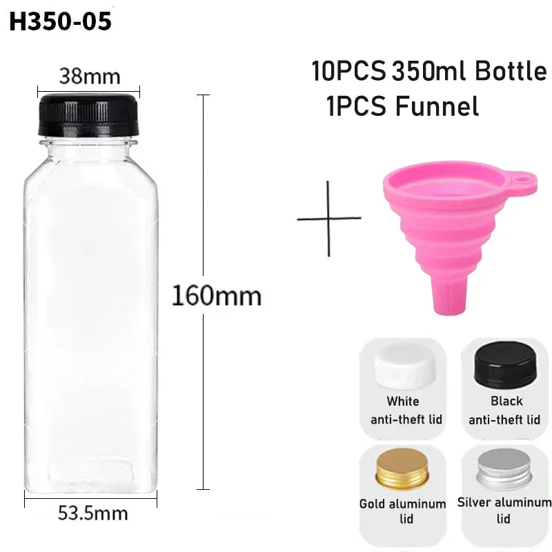 10pcs 60ML-500ML Clear Empty Plastic Juice Bottles with Caps Reusable Water Bottle Juicing Smoothie Containers W/ Funnel