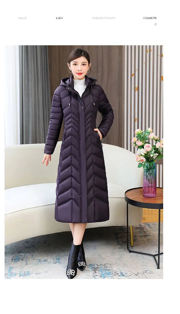 2025 NEW Winter Hooded Down Jacket 5XL Women's Warm Parka Fashion Down Cotton Women Long Coat Slim Temperament Female Overcoat