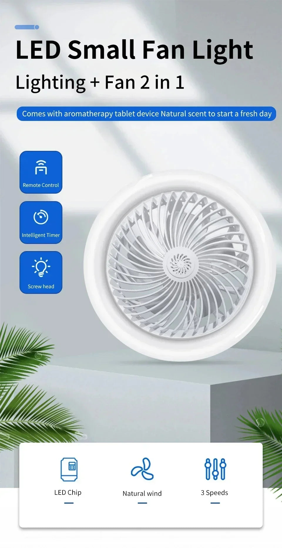 Rotatable 3in1 Ceiling Fan with Remote Control Lighting Lamp E27 Converter Base Lighting Base Bedroom Living Room ﻿Aromatherapy