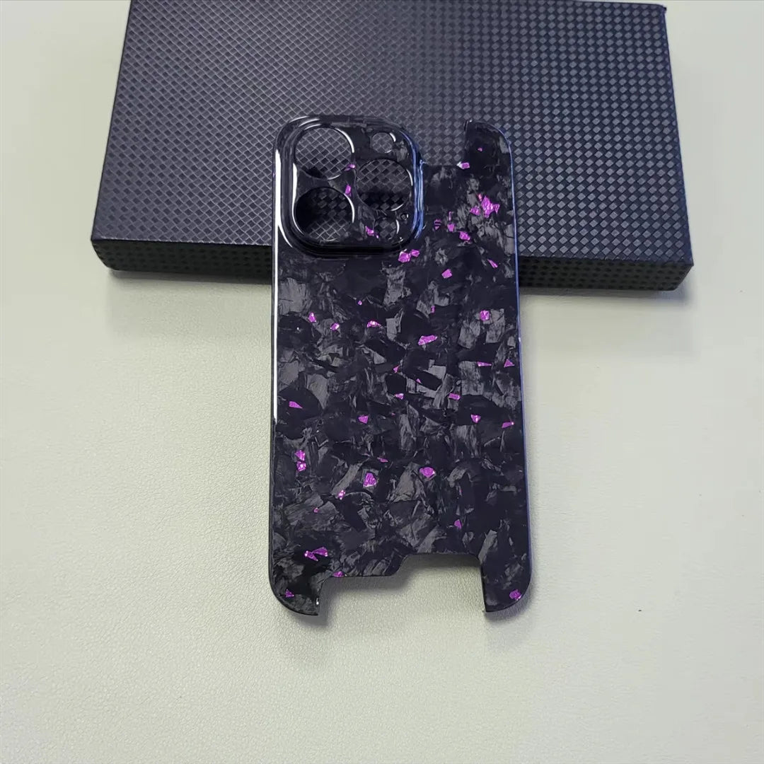 Glossy Forged Ultra Thin Genuine Pure Carbon Fiber Cover For iPhone 15 14 16 Pro Max Glitter Bling Irregular Shockproof Case