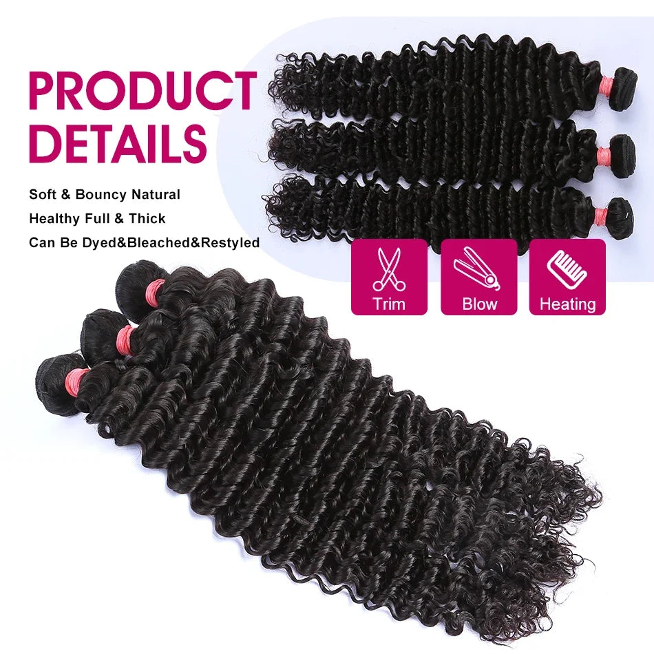 32 36 40 Inch Deep Wave Human Hair Bundles Brazilian Remy Unprocessed Weaving Curly Hair 1/2/3/4 Bundles Weave Extensions Deals