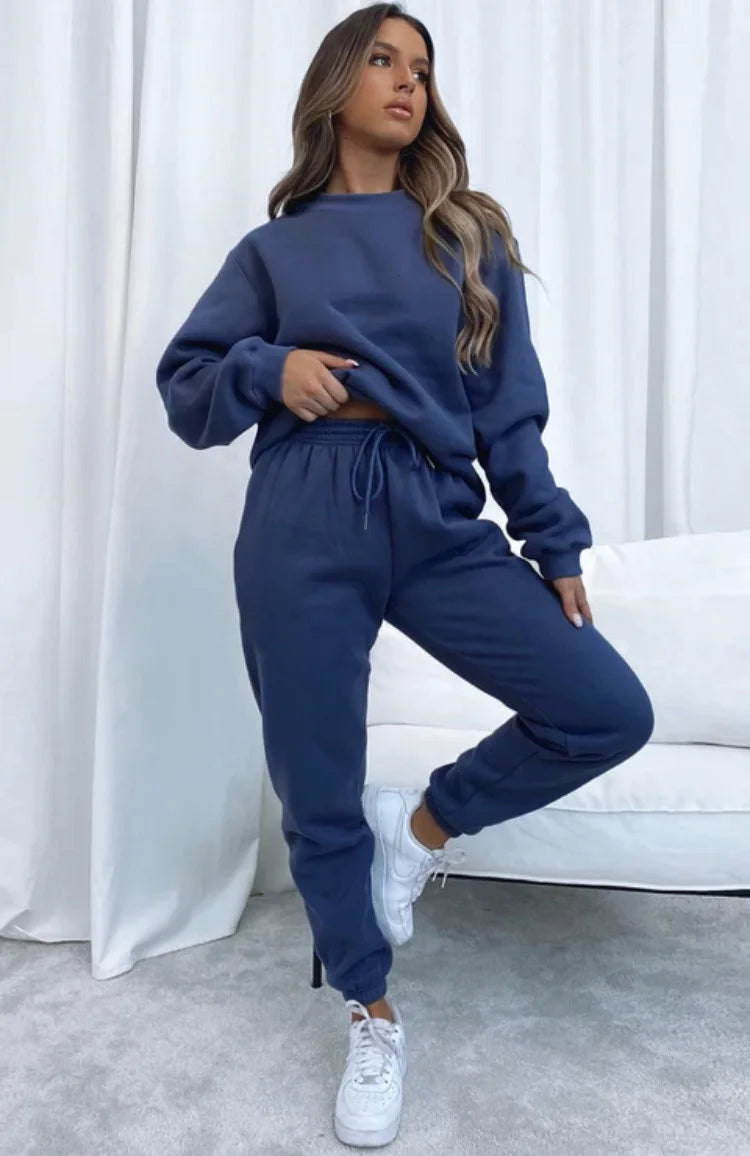 Осение Женские Костюмы Women's Winter Warm Suit Round Neck Solid Color Long Sleeve Pullover Sweatshirt Sweatpants Штаны Женские