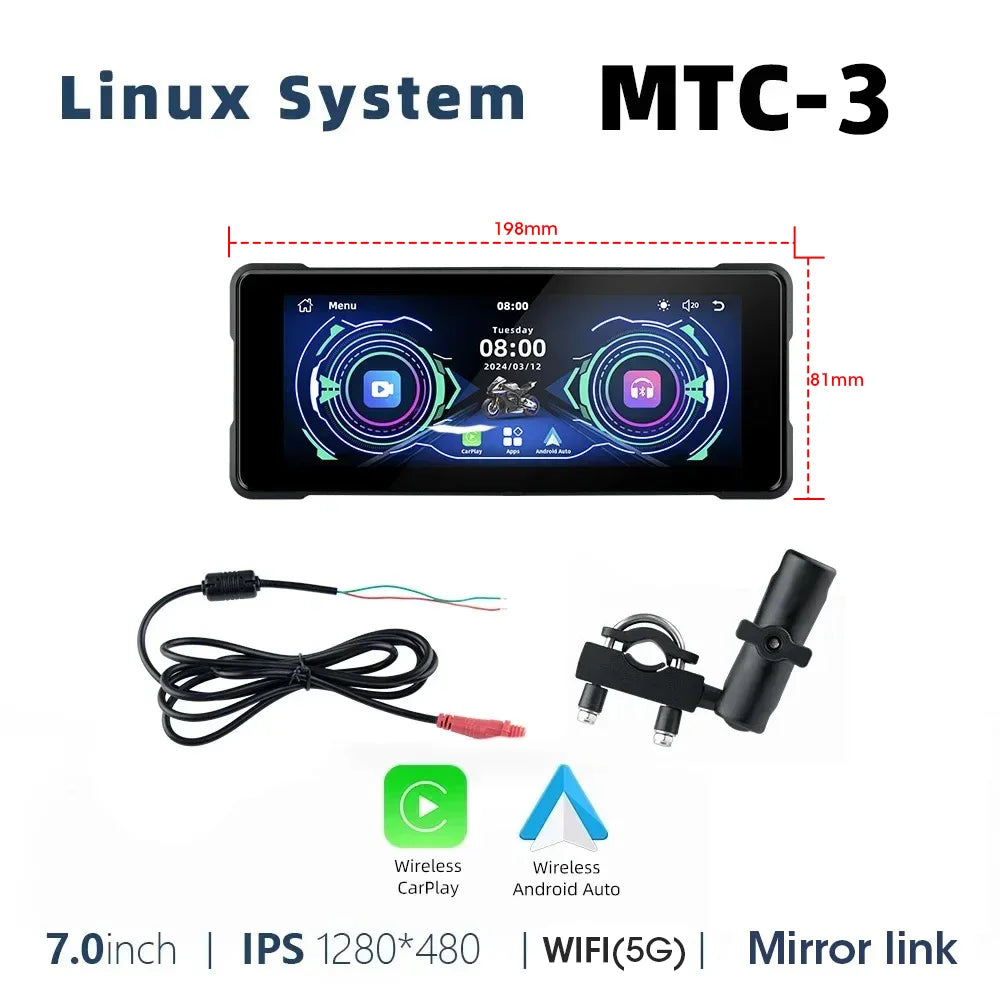 Srnubi 7 Inch Motorcycle Portable Navigation GPS Wireless Carplay Android Auto IP67 Waterproof Motorcycle Touch Screen Display