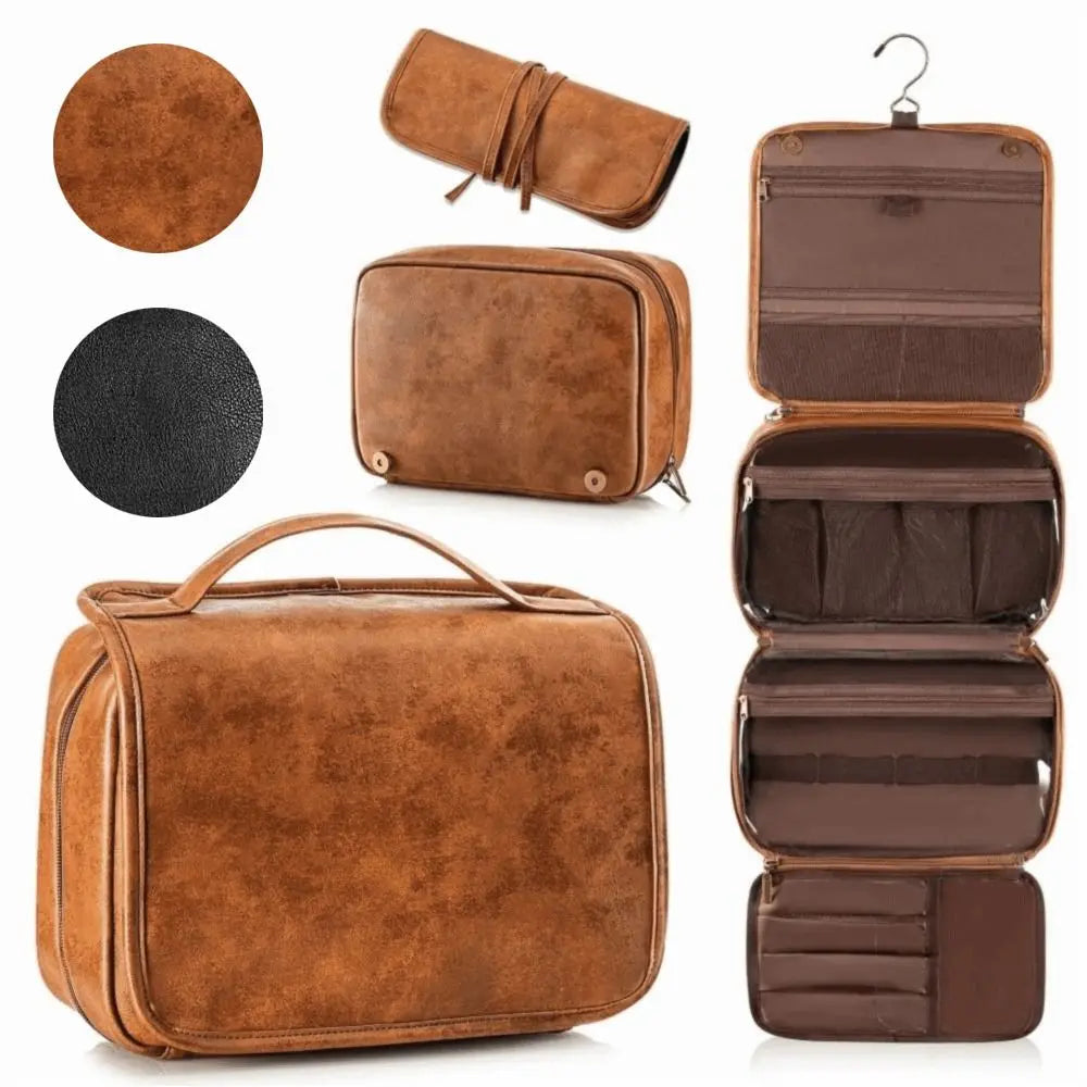 Multi-Pocket Makeup Bag Large Size Waterproof Design Hanging Toiletry Bag PU Leather 3-in-1 Dopp Kit Business Trip