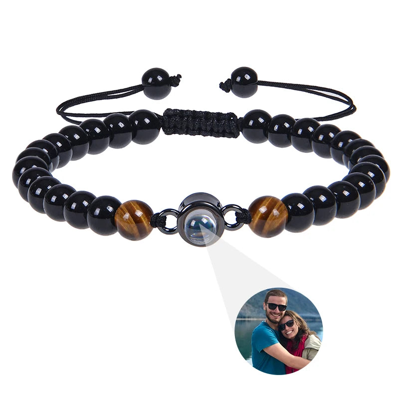 6mm Natrual Stone Custom Photo Projection Bracelet Personalized Beads Bracelets For Women Men Couples Anniversary Jewelry Gift