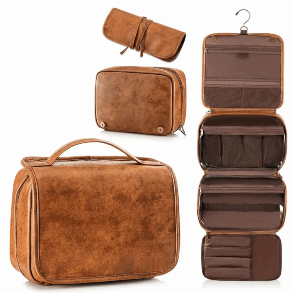 Multi-Pocket Makeup Bag Large Size Waterproof Design Hanging Toiletry Bag PU Leather 3-in-1 Dopp Kit Business Trip