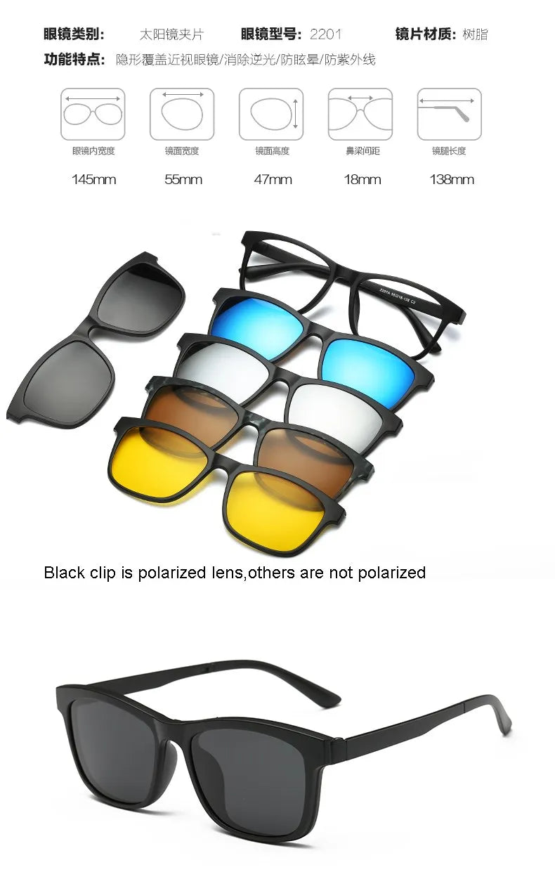 HJYFINO 5 lenes Magnet Sunglasses Clip Mirrored Clip on Sunglasses clip on glasses Polarization Clip Custom Prescription Myopia