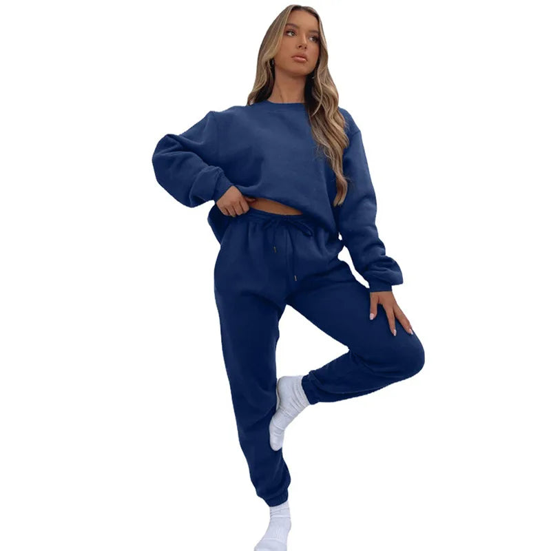 Осение Женские Костюмы Women's Winter Warm Suit Round Neck Solid Color Long Sleeve Pullover Sweatshirt Sweatpants Штаны Женские