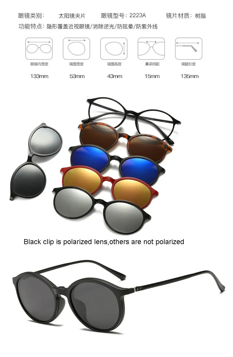HJYFINO 5 lenes Magnet Sunglasses Clip Mirrored Clip on Sunglasses clip on glasses Polarization Clip Custom Prescription Myopia