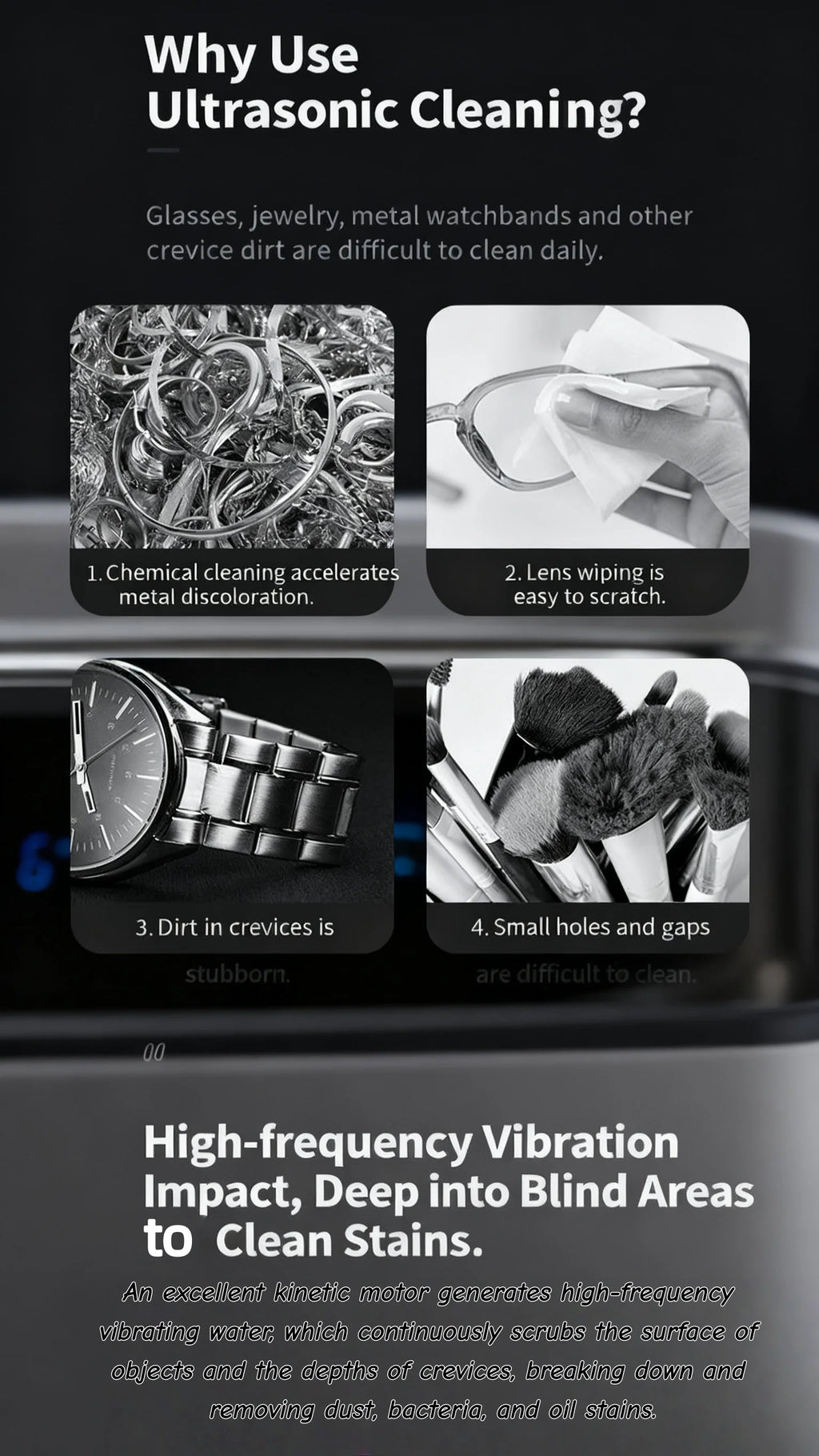 High Frequency Vibration Jewelry Cleaner 360° Automatic Deep Cleaning Tool Portable USB Rechargeable for Rings Watches Glasses