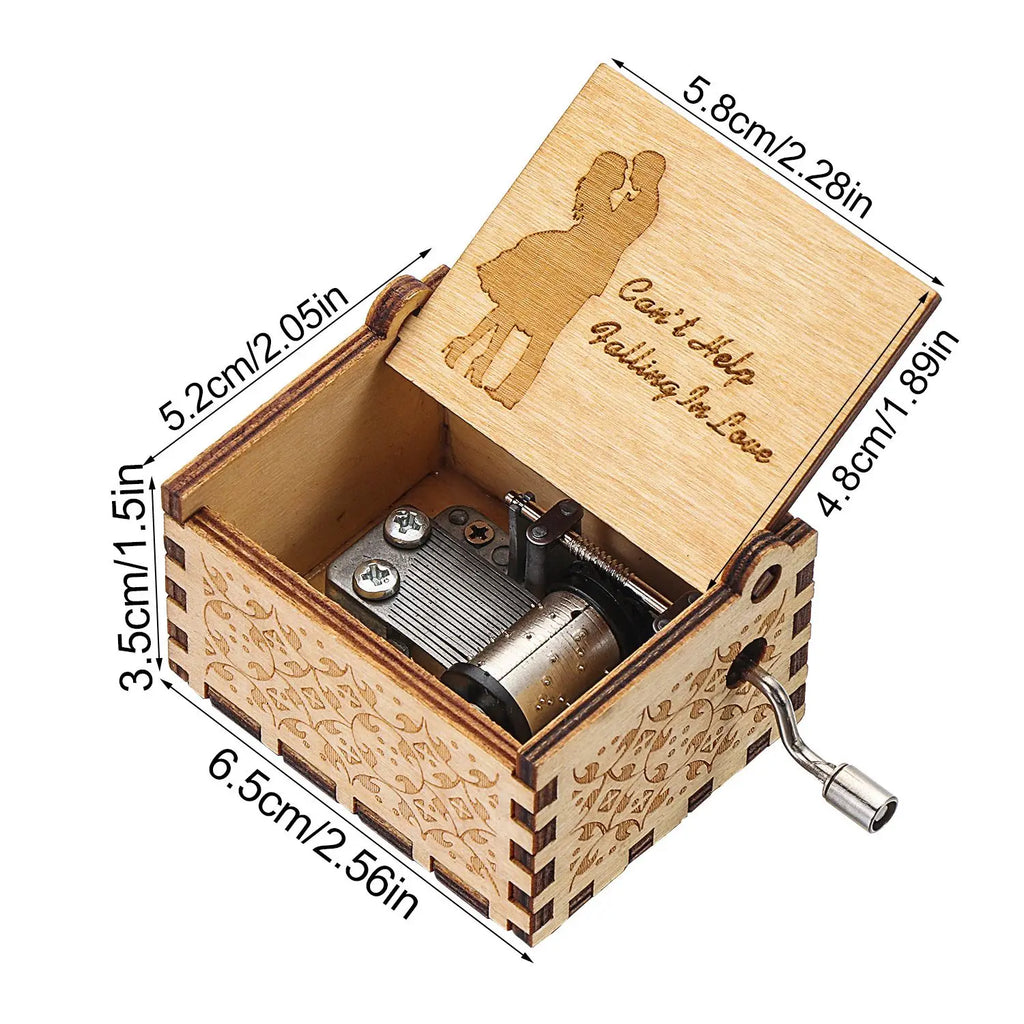 Vintage Engraving Wooden Music Box Hand-cranked Music Box Can't Help Falling in Love Music Box Wife Birthday Valentines Day Gift