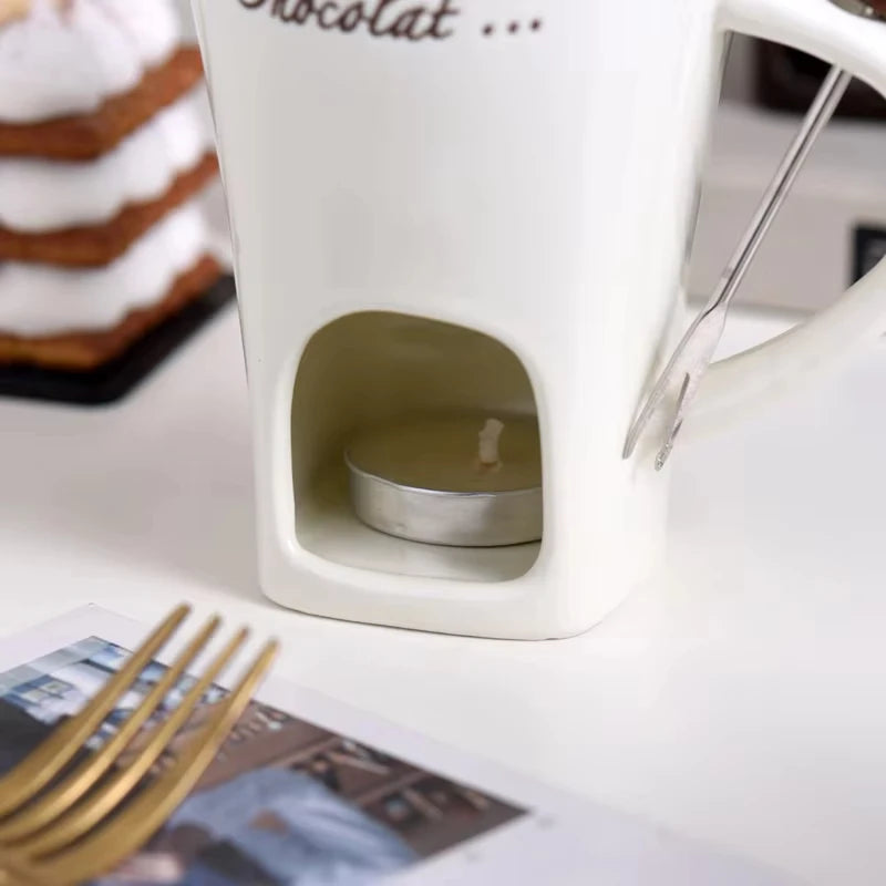 Ceramic Chocolate Hot Pot Cup, Gourmet Cheese Creative Coffee MUG Swiss Ice cream Christmas Party With Fork