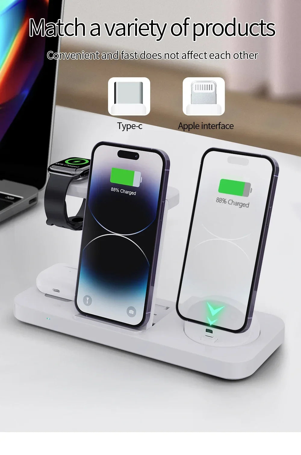 Foldable 6 In 1 Wireless Charger Stand For iPhone 15 14 13 12 11 X Apple Watch 8 7 6 5 4 3 2 Airpods Fast Charging Dock Station