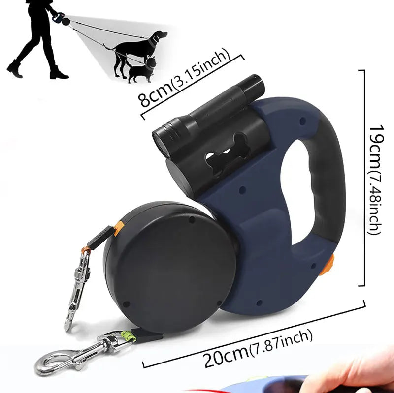 Automatic retractable two-end pet Dog leash with LED Light, 360 Swivel No Tangle for Each Adjustable Strap Auto Pet Leash Rope