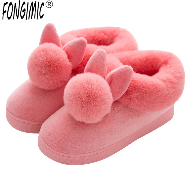 FONGIMIC Women Winter Slippers Warm Cute Cotton Slippers Ladies Autumn Velvet Home Floor Thick Bottom Cartoon House Rabbit Shoes