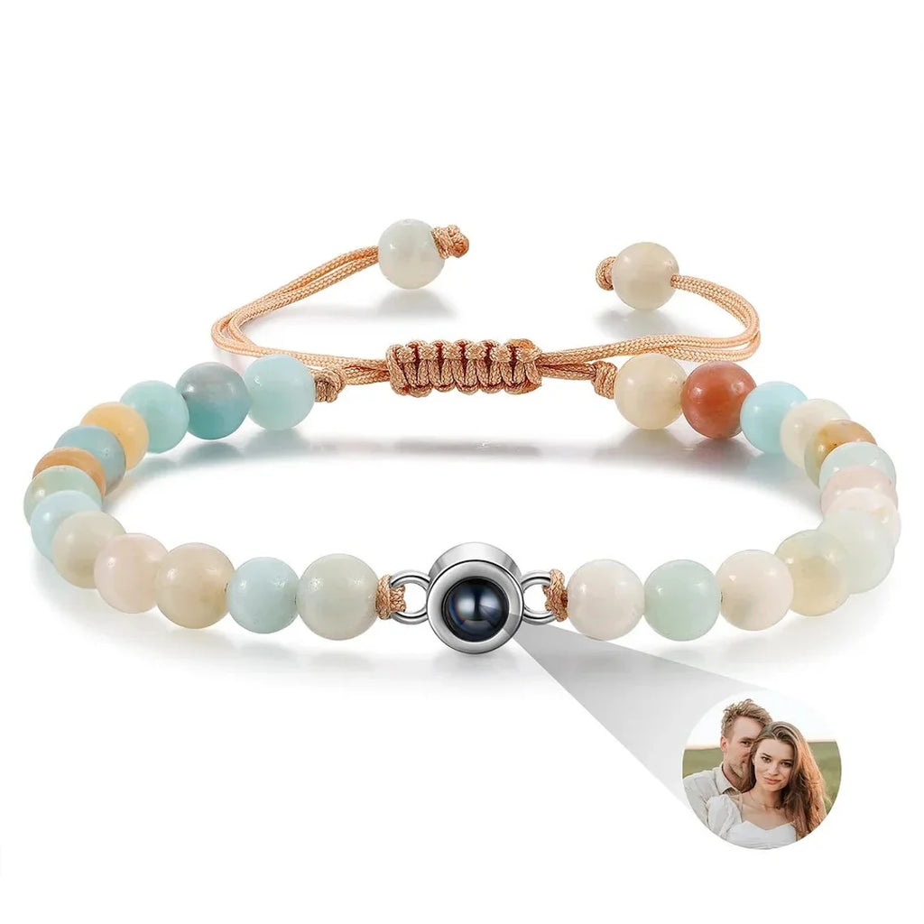 6mm Natrual Stone Custom Photo Projection Bracelet Personalized Beads Bracelets For Women Men Couples Anniversary Jewelry Gift