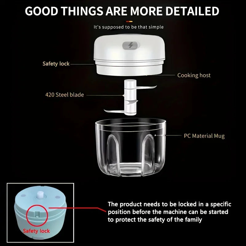 250ml Mini Rechargeable Garlic Chopper Meat Grinder, Durable and Sturdy, Suitable for Crushing Garlic, Chili, Onions, Minced Meat, Nuts and More