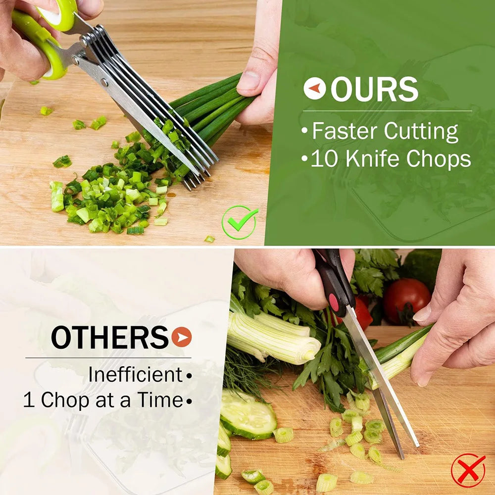 Herb Scissors  Stainless Steel 5 Blade Kitchen Shears Household Vegetable Cutter with Cover Multifunctional Kitchen Gadgets