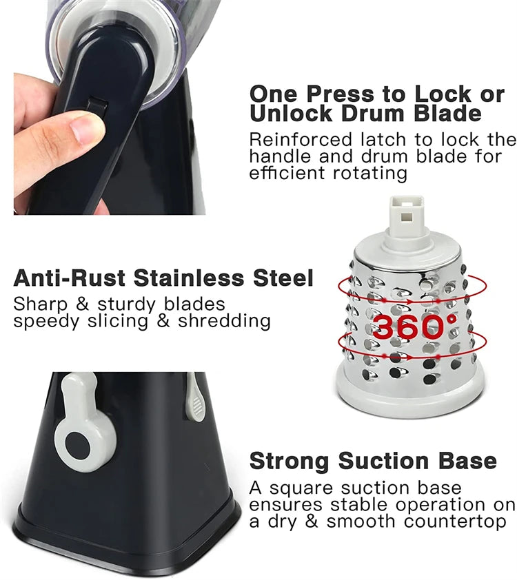 LMETJMA Rotary Cheese Grater with Handle Manual Vegetable Graters Shredder Slicer Nuts Grinder with Strong Suction Base JT122